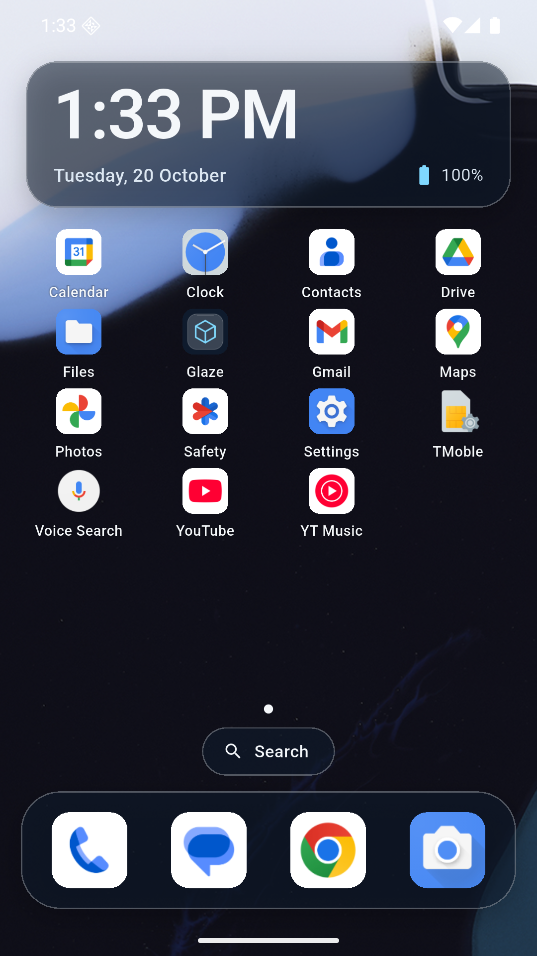 The Glaze home screen: a clock pane, a grid of app icons and a frosted dock over a wallpaper