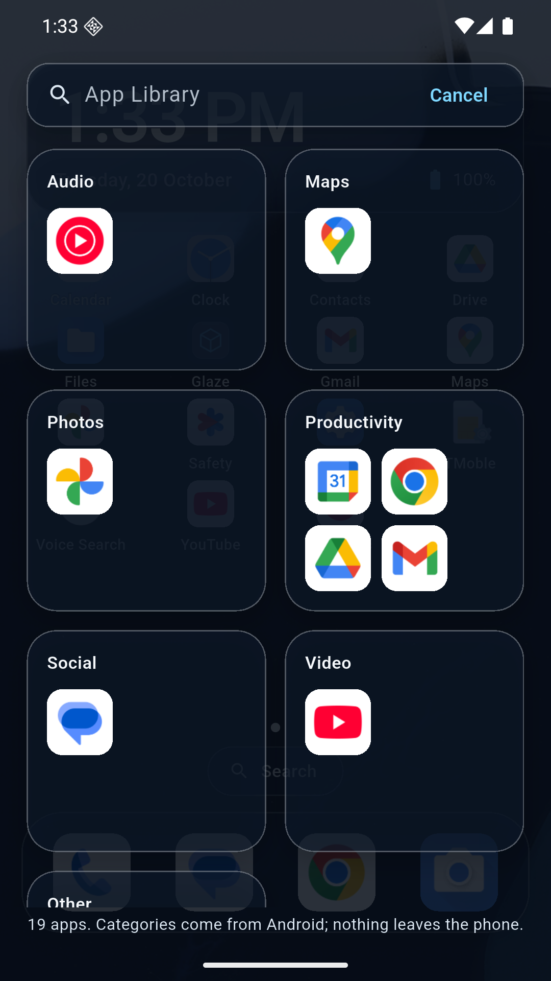The app library, with apps grouped into categories such as Social and Productivity