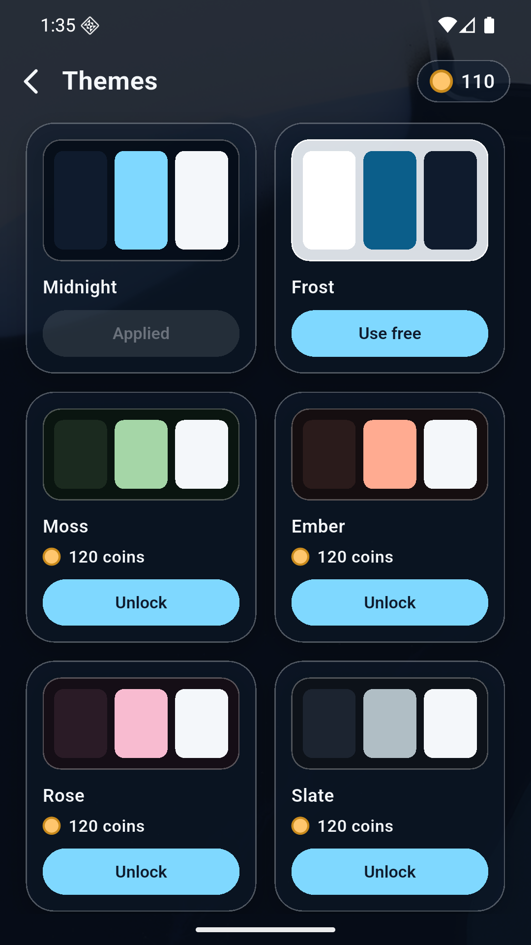 The Themes screen with Midnight applied and other glass tints to unlock with coins